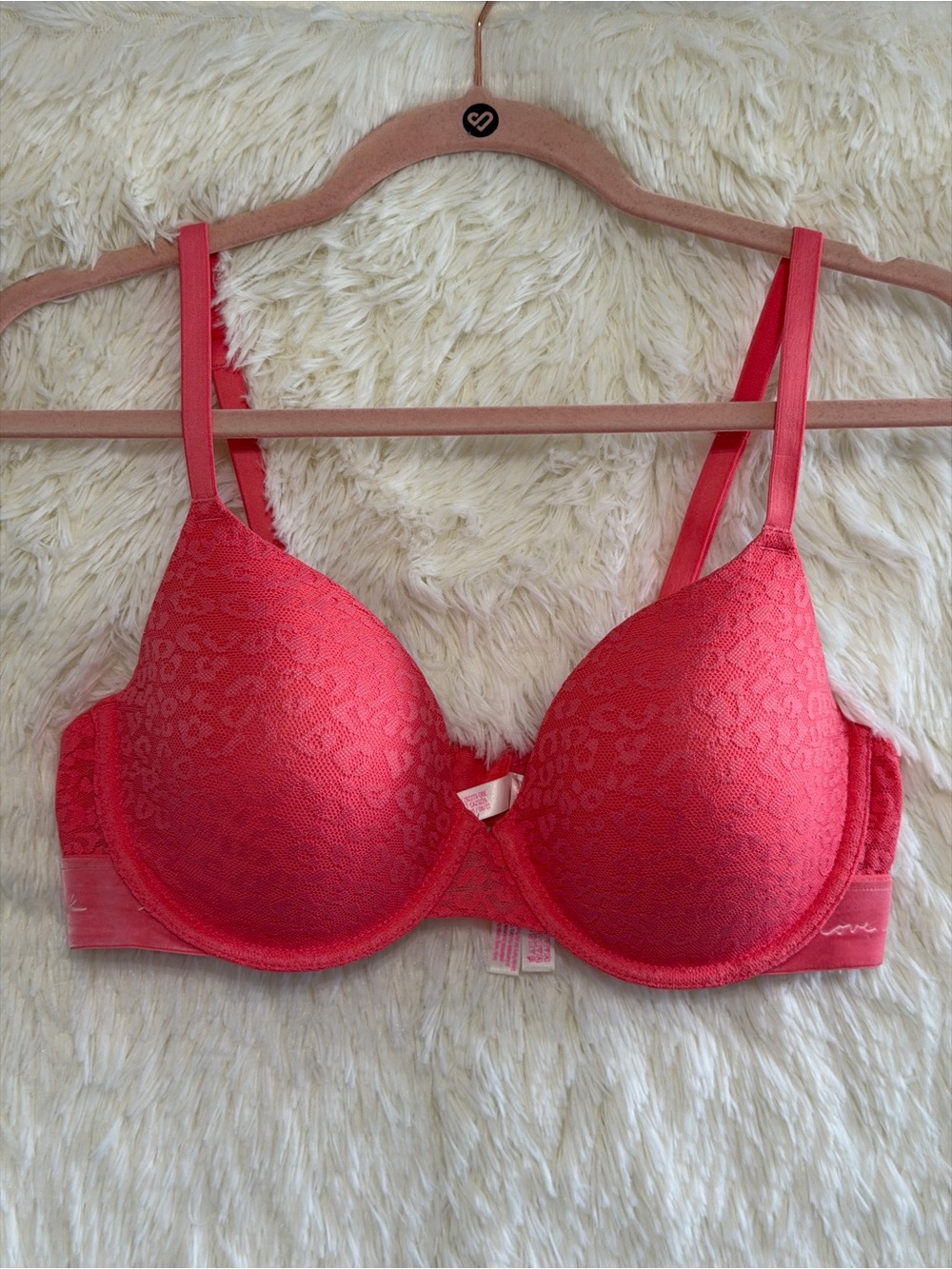 Victoria's Secret Pink Push Up Bra 36D Pink Tonal Leopard Print Lace Overlay
